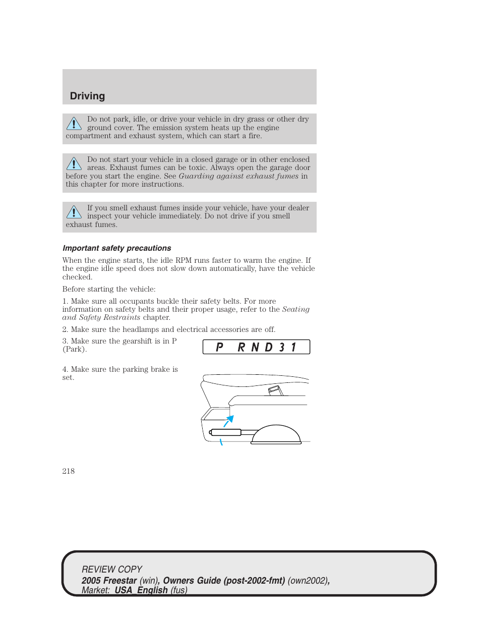 Driving | FORD 2005 Freestar v.1 User Manual | Page 218 / 312