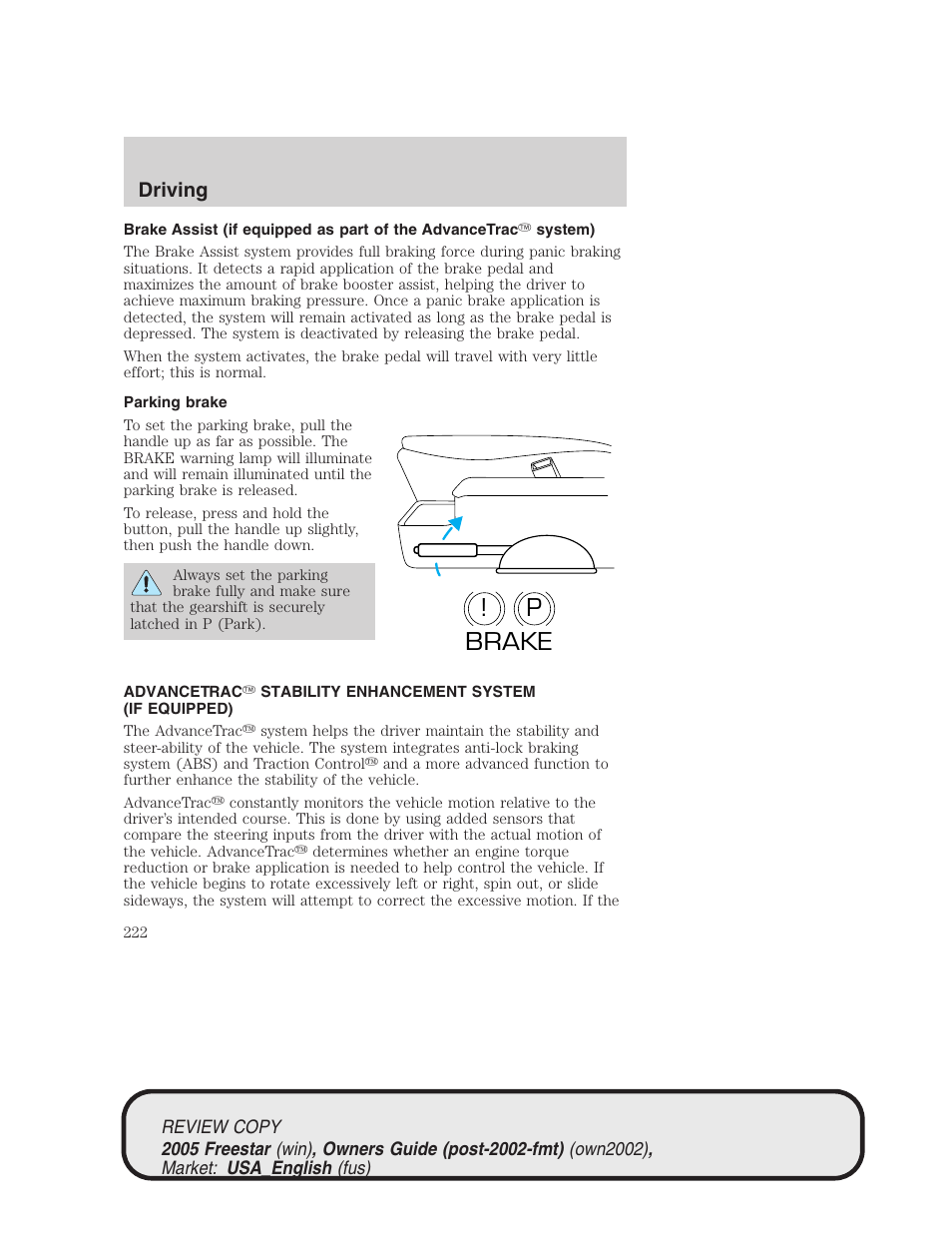 P! brake, Driving | FORD 2005 Freestar v.1 User Manual | Page 222 / 312