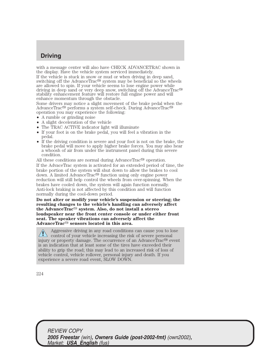 Driving | FORD 2005 Freestar v.1 User Manual | Page 224 / 312