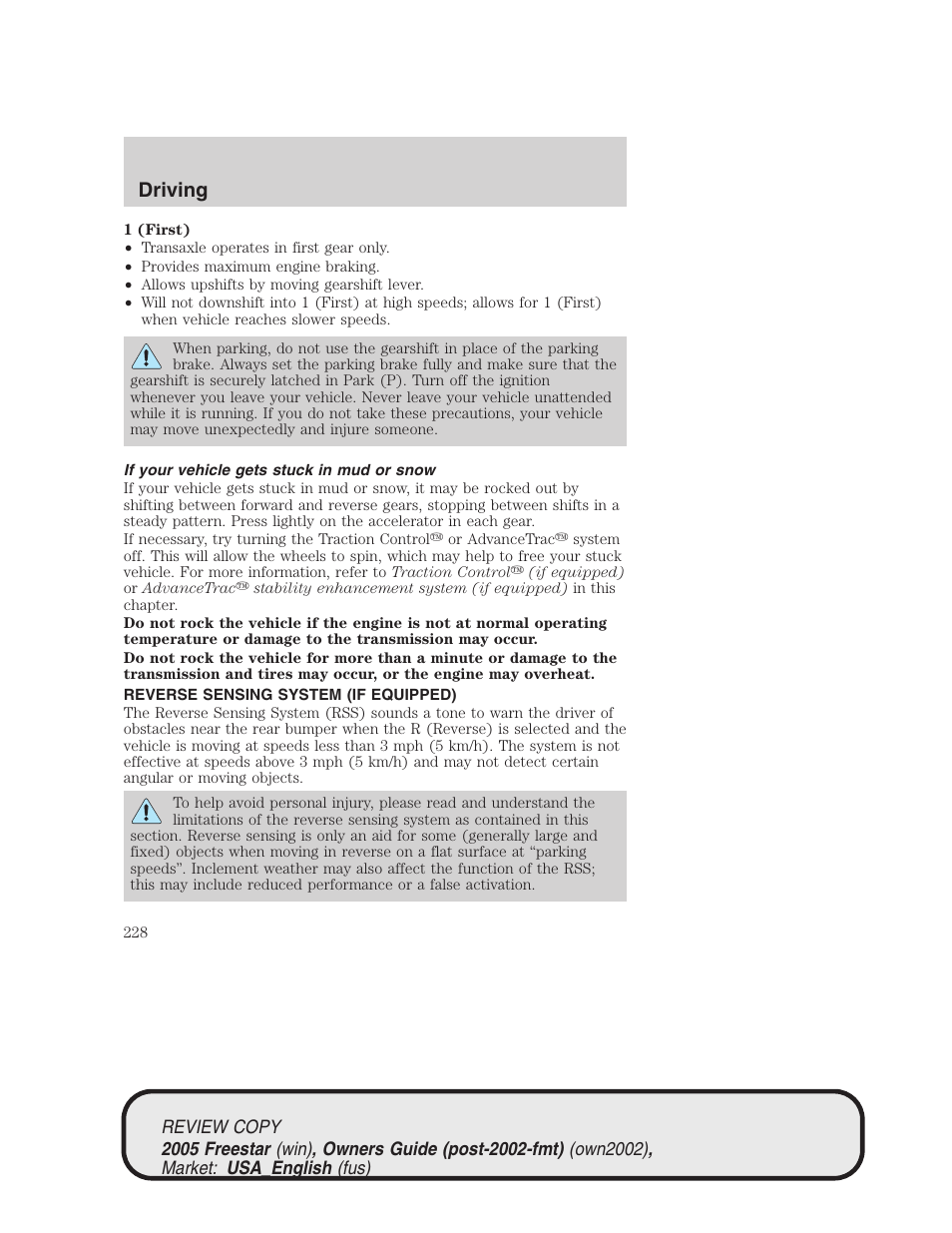 Driving | FORD 2005 Freestar v.1 User Manual | Page 228 / 312