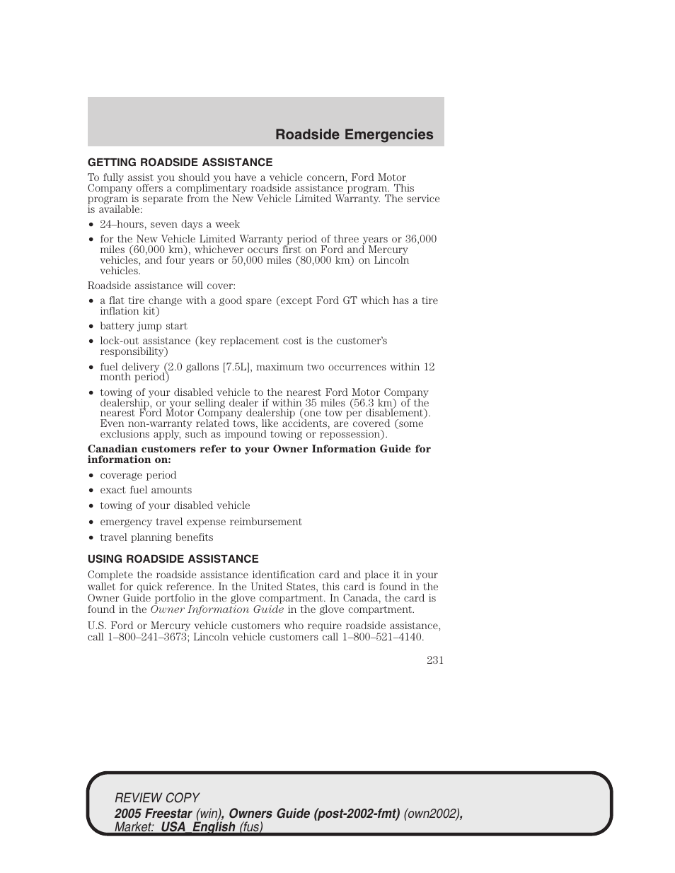 Roadside emergencies | FORD 2005 Freestar v.1 User Manual | Page 231 / 312