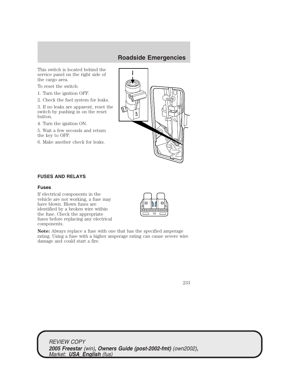 Roadside emergencies | FORD 2005 Freestar v.1 User Manual | Page 233 / 312
