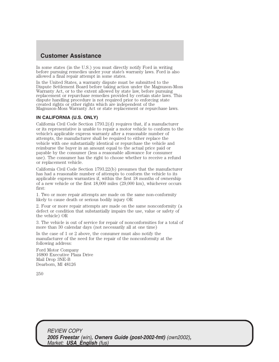 Customer assistance | FORD 2005 Freestar v.1 User Manual | Page 250 / 312