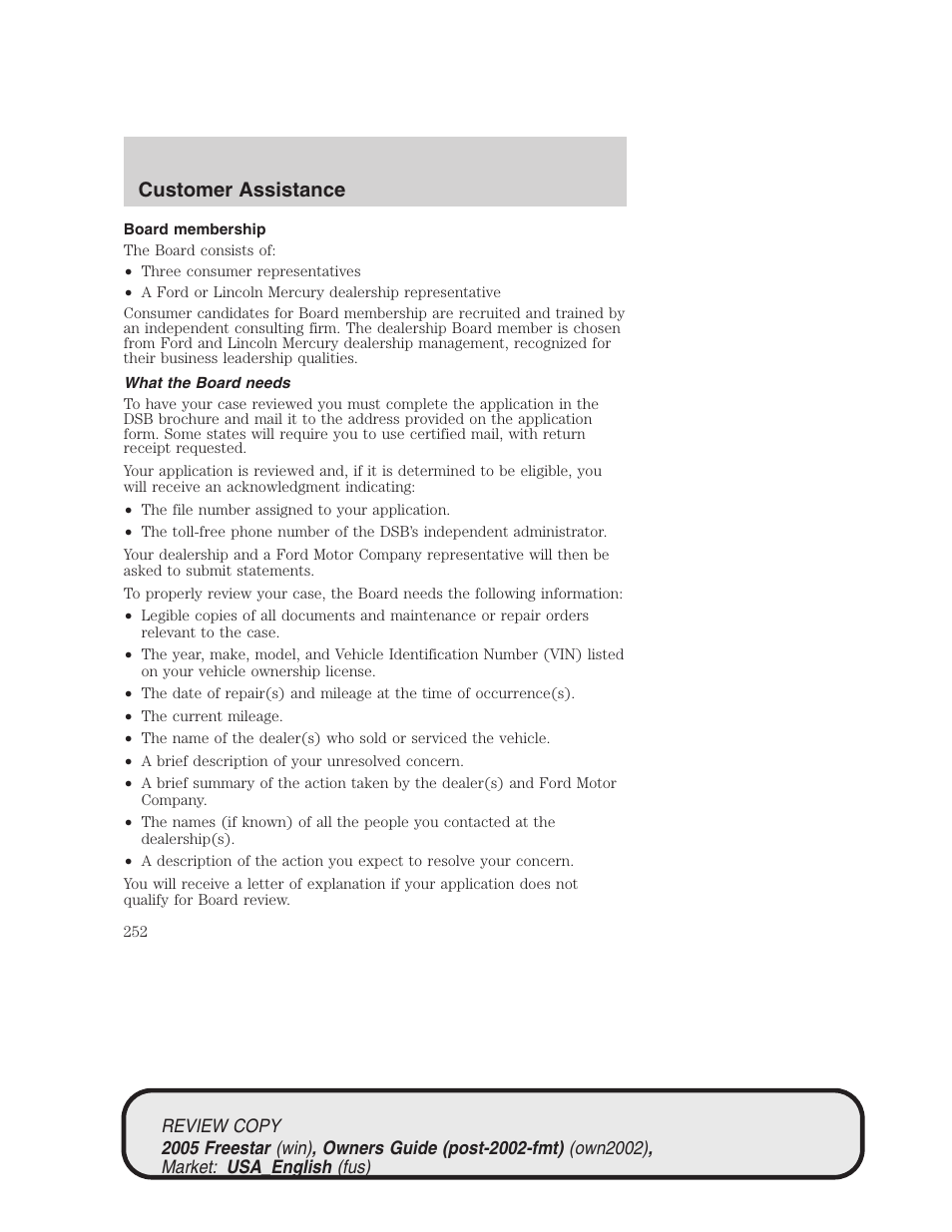 Customer assistance | FORD 2005 Freestar v.1 User Manual | Page 252 / 312
