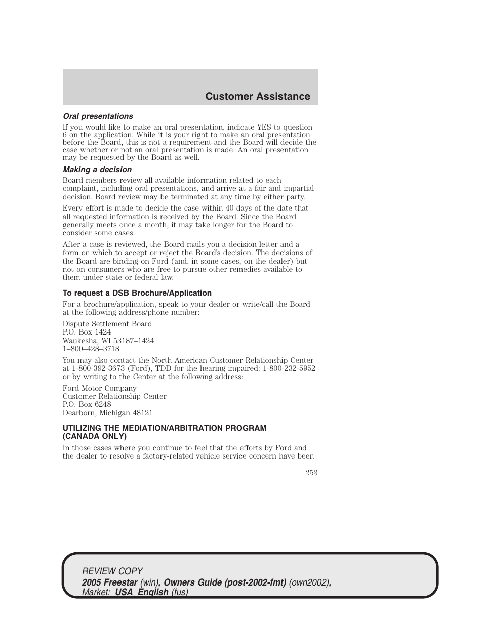 Customer assistance | FORD 2005 Freestar v.1 User Manual | Page 253 / 312