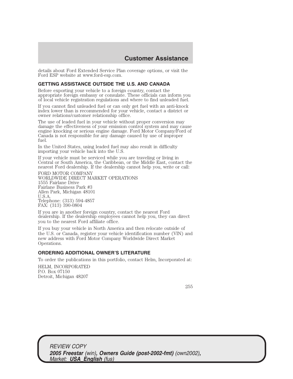 Customer assistance | FORD 2005 Freestar v.1 User Manual | Page 255 / 312