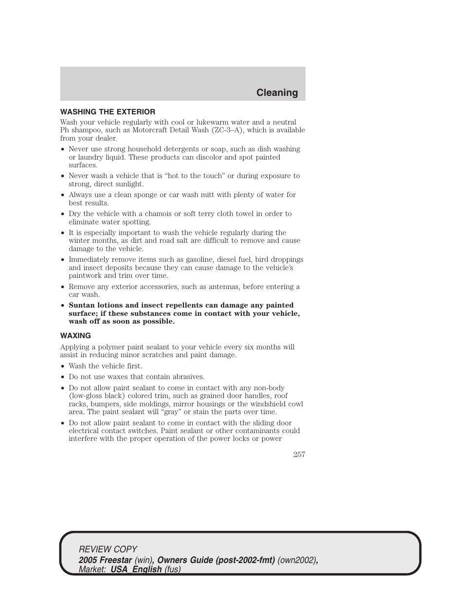 Cleaning | FORD 2005 Freestar v.1 User Manual | Page 257 / 312