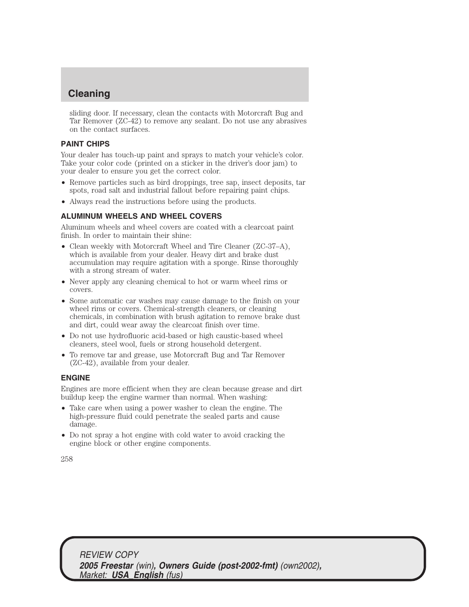 Cleaning | FORD 2005 Freestar v.1 User Manual | Page 258 / 312