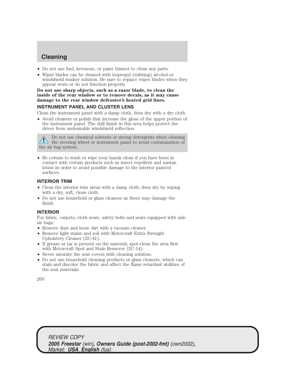 Cleaning | FORD 2005 Freestar v.1 User Manual | Page 260 / 312