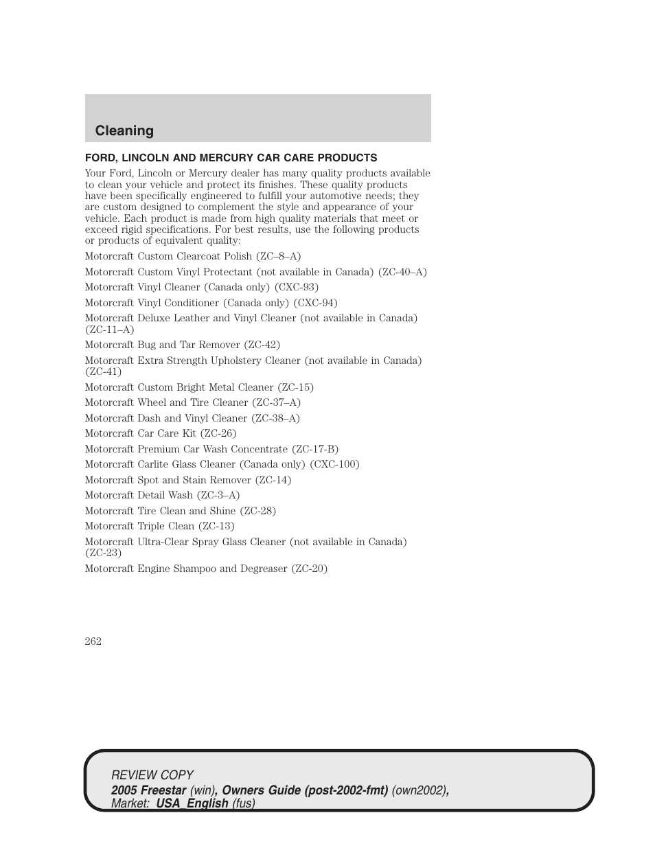 Cleaning | FORD 2005 Freestar v.1 User Manual | Page 262 / 312