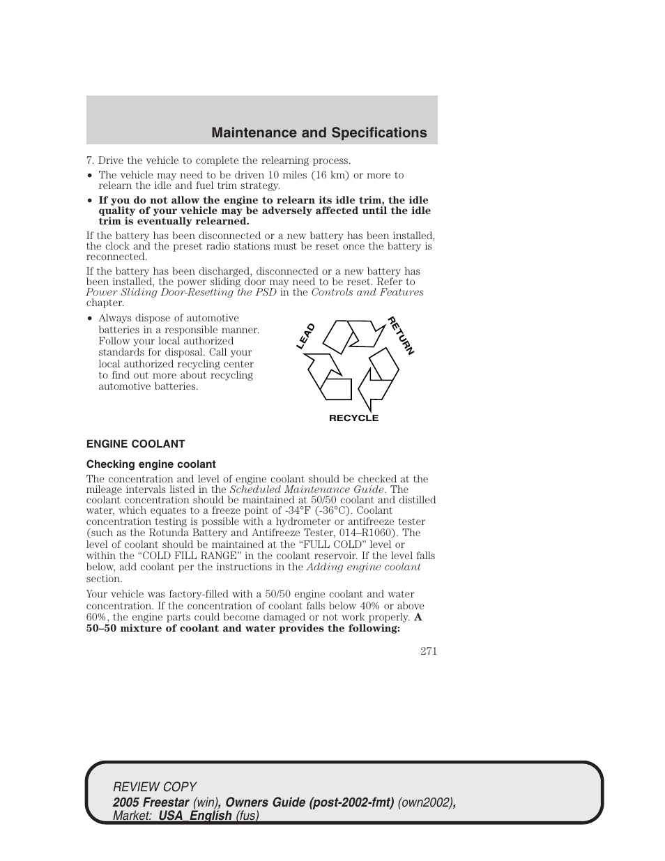 Maintenance and specifications | FORD 2005 Freestar v.1 User Manual | Page 271 / 312