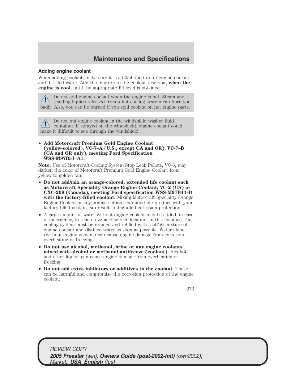 Maintenance and specifications | FORD 2005 Freestar v.1 User Manual | Page 273 / 312