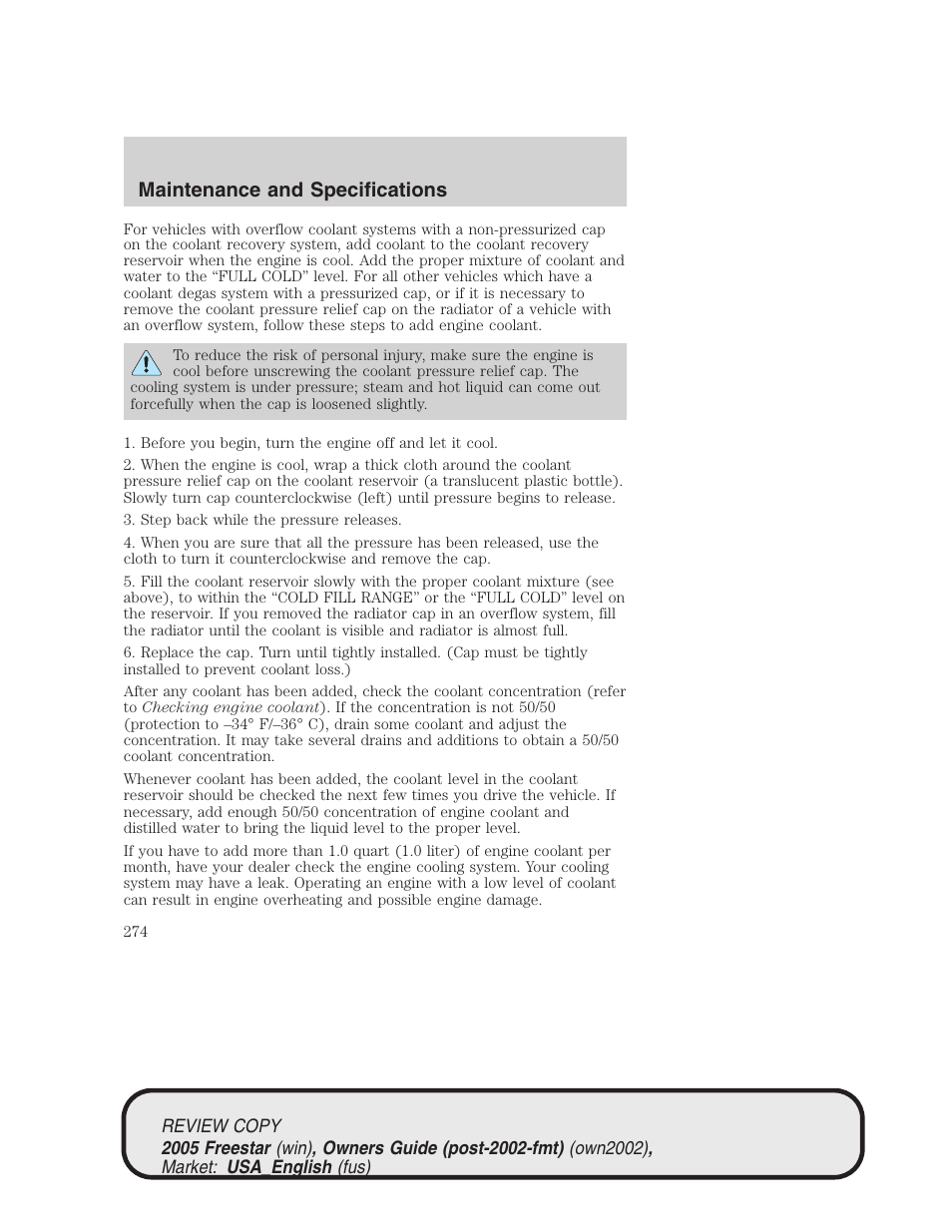 Maintenance and specifications | FORD 2005 Freestar v.1 User Manual | Page 274 / 312