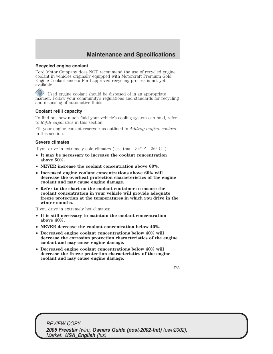 Maintenance and specifications | FORD 2005 Freestar v.1 User Manual | Page 275 / 312