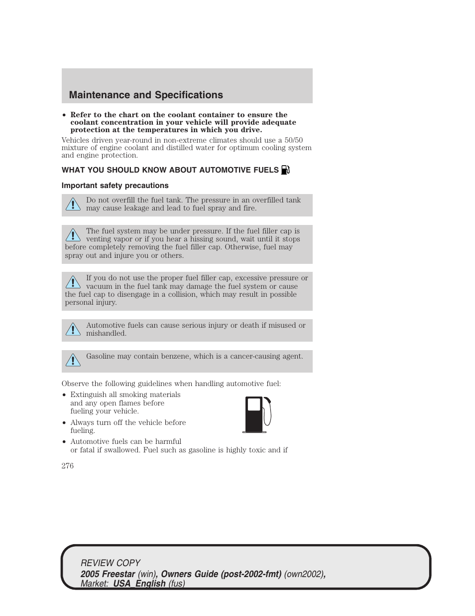 Maintenance and specifications | FORD 2005 Freestar v.1 User Manual | Page 276 / 312