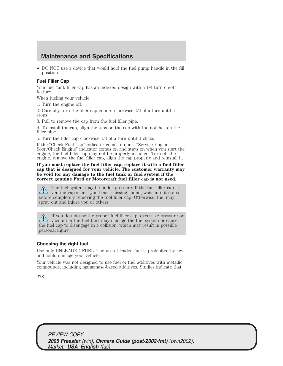 Maintenance and specifications | FORD 2005 Freestar v.1 User Manual | Page 278 / 312