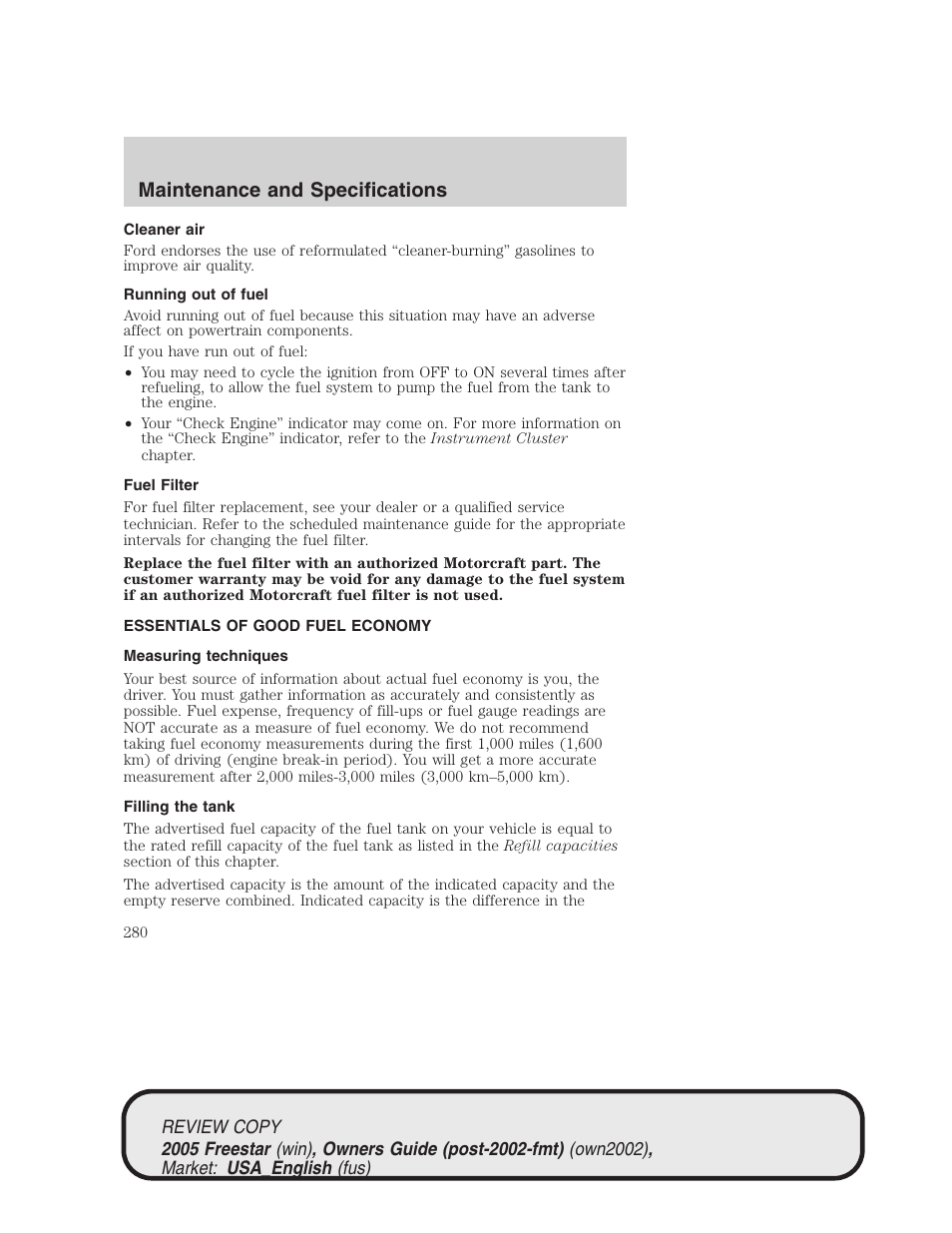 Maintenance and specifications | FORD 2005 Freestar v.1 User Manual | Page 280 / 312