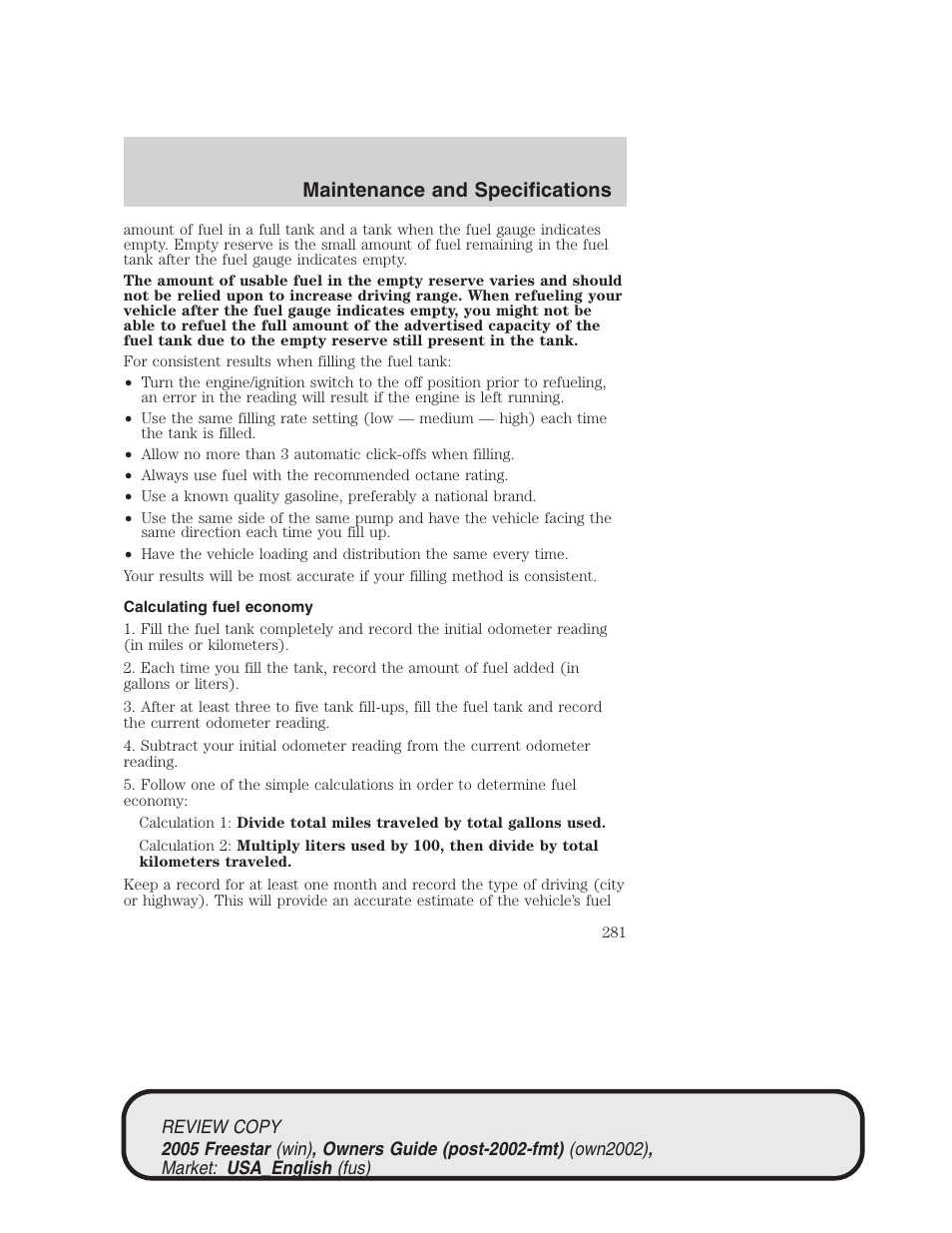 Maintenance and specifications | FORD 2005 Freestar v.1 User Manual | Page 281 / 312