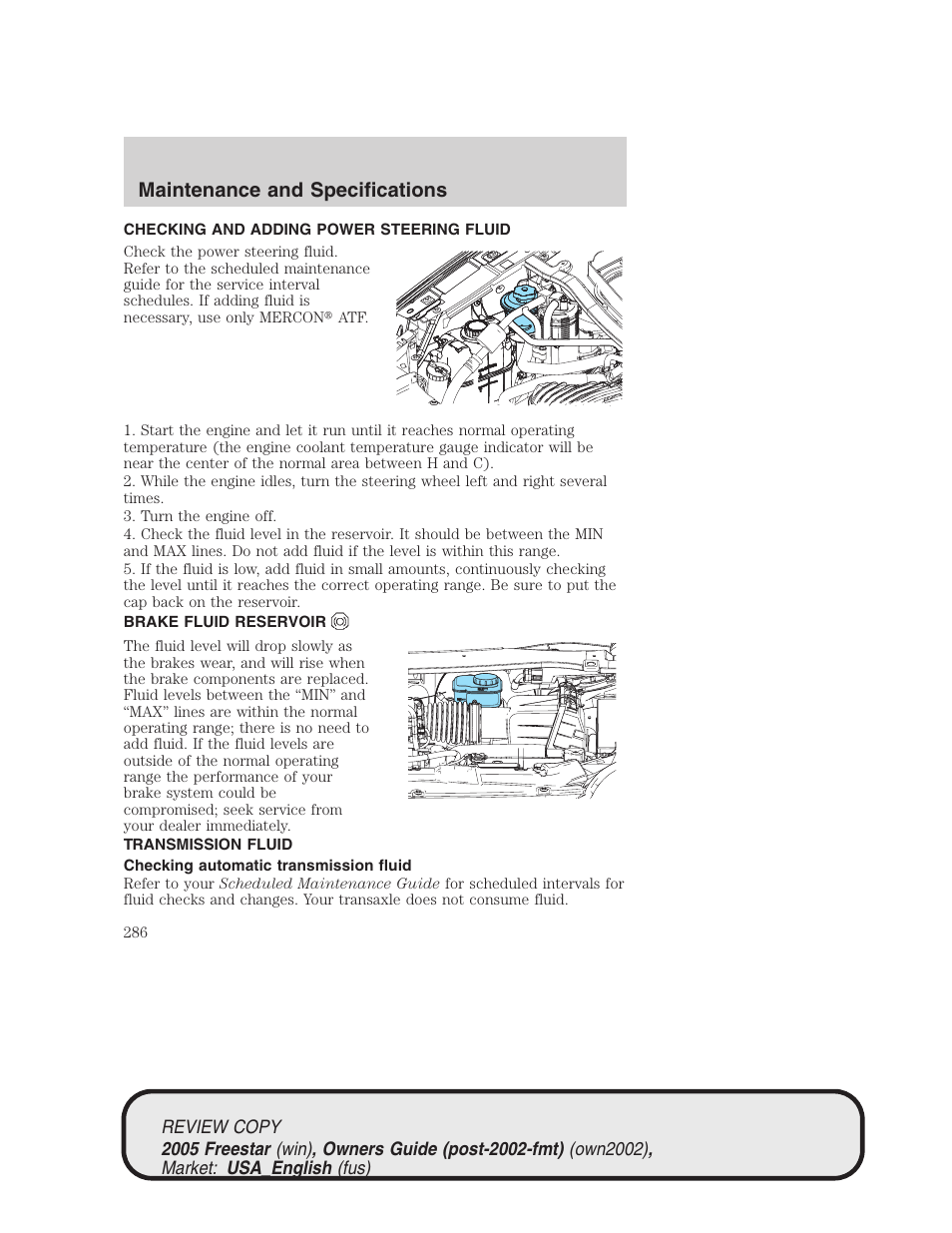 Maintenance and specifications | FORD 2005 Freestar v.1 User Manual | Page 286 / 312