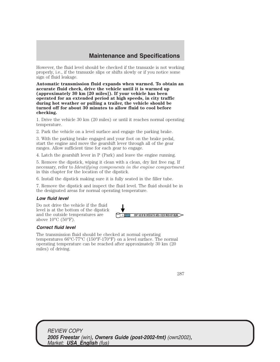 Maintenance and specifications | FORD 2005 Freestar v.1 User Manual | Page 287 / 312