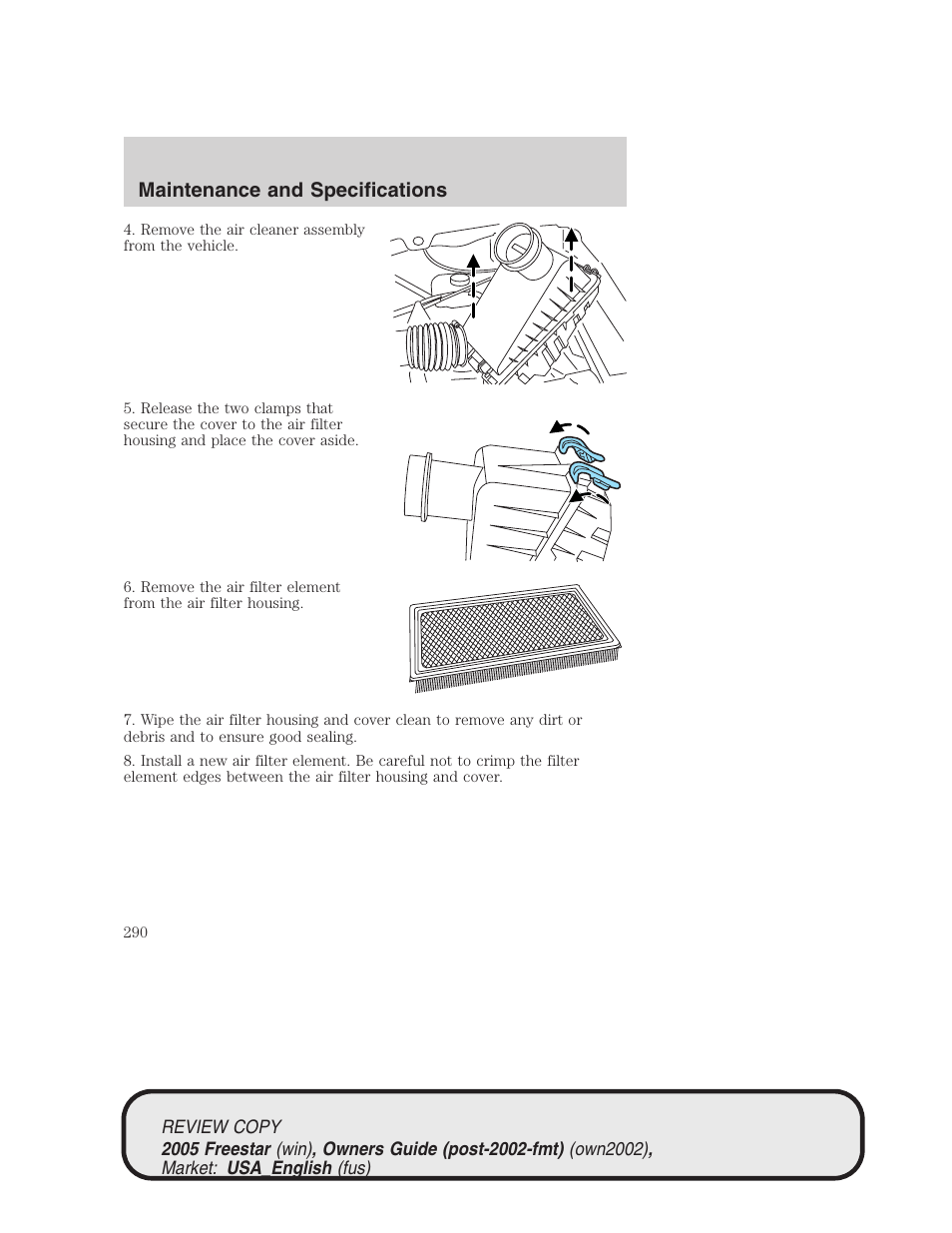 Maintenance and specifications | FORD 2005 Freestar v.1 User Manual | Page 290 / 312