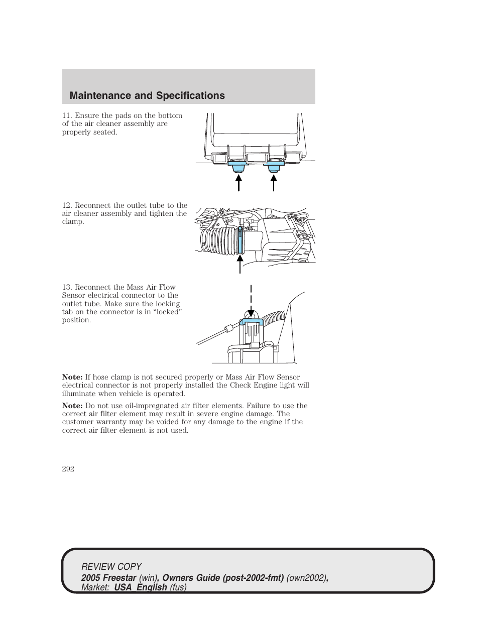 Maintenance and specifications | FORD 2005 Freestar v.1 User Manual | Page 292 / 312