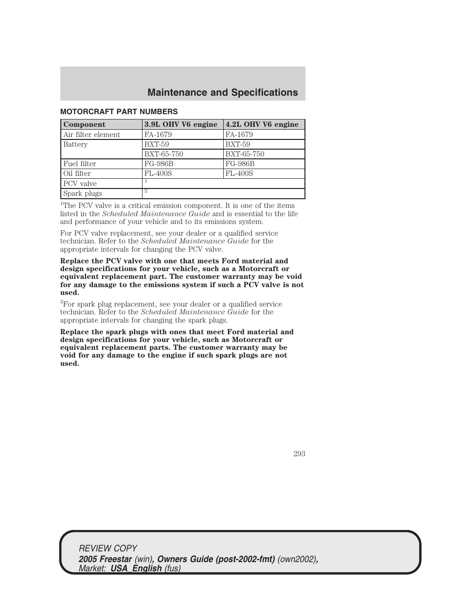 Maintenance and specifications | FORD 2005 Freestar v.1 User Manual | Page 293 / 312