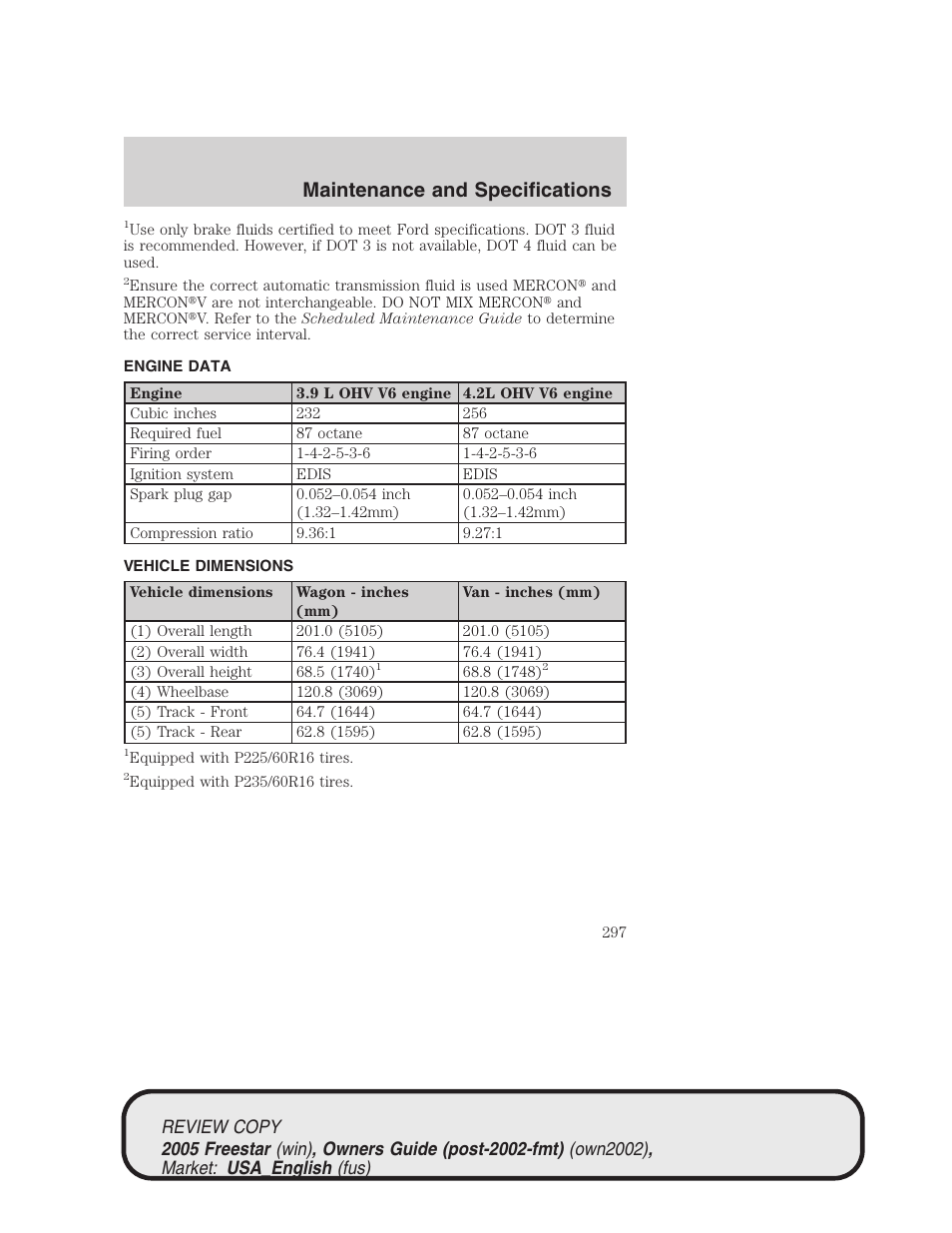 Maintenance and specifications | FORD 2005 Freestar v.1 User Manual | Page 297 / 312