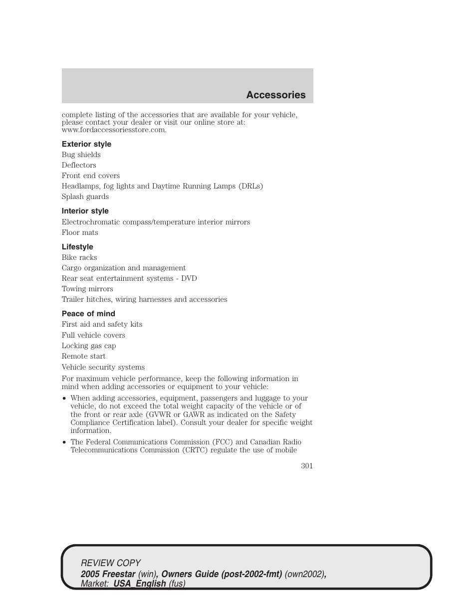 Accessories | FORD 2005 Freestar v.1 User Manual | Page 301 / 312