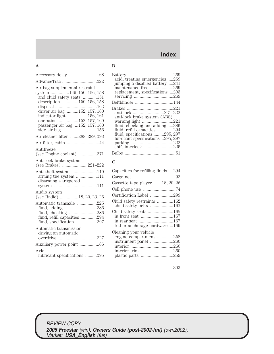 Index | FORD 2005 Freestar v.1 User Manual | Page 303 / 312