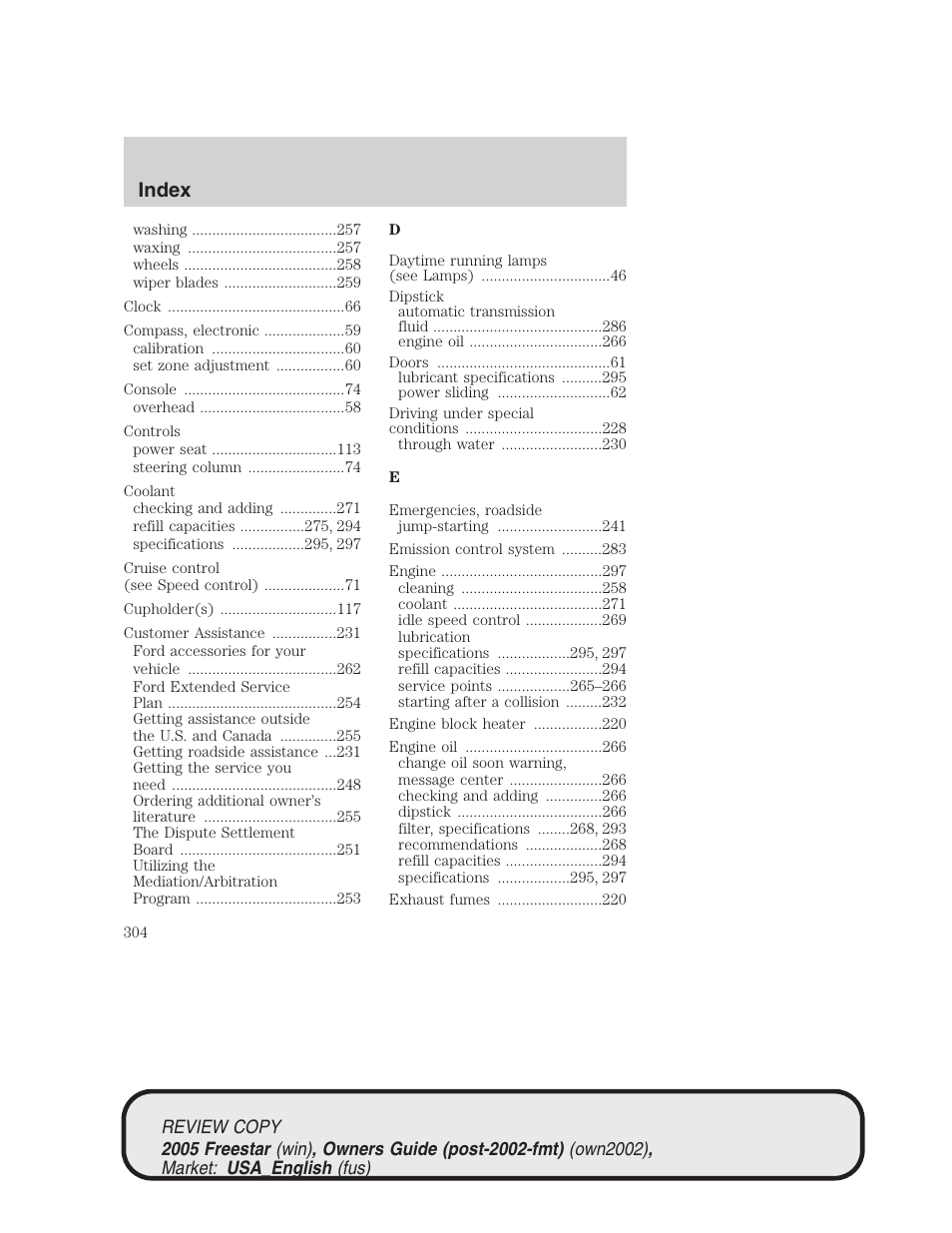 Index | FORD 2005 Freestar v.1 User Manual | Page 304 / 312