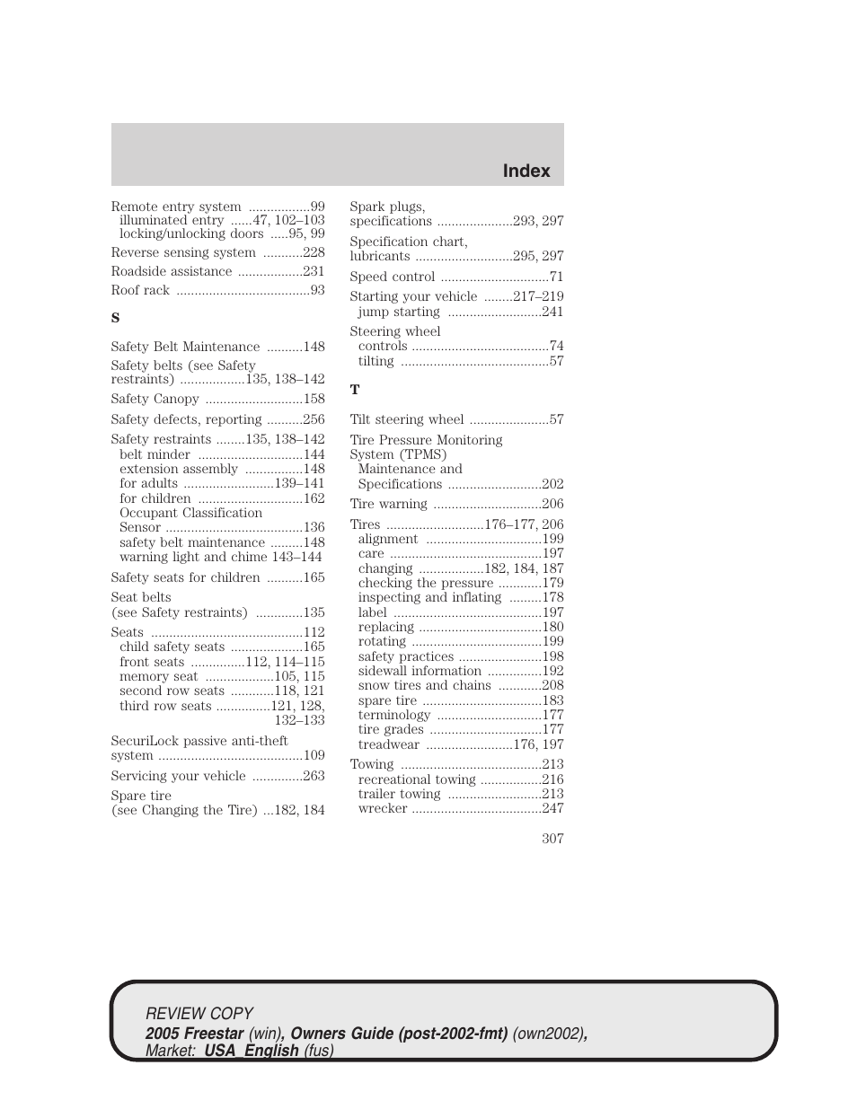 Index | FORD 2005 Freestar v.1 User Manual | Page 307 / 312