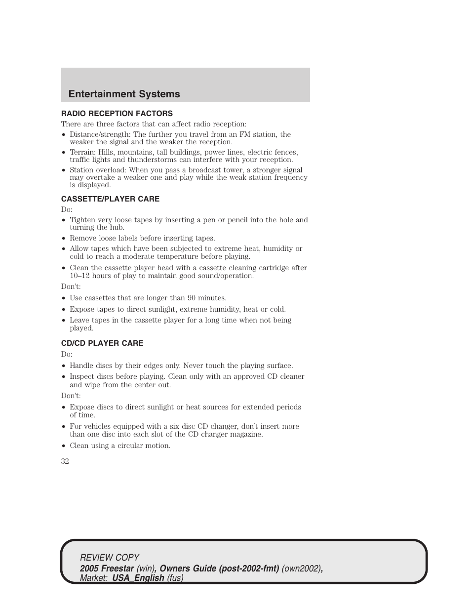 Entertainment systems | FORD 2005 Freestar v.1 User Manual | Page 32 / 312