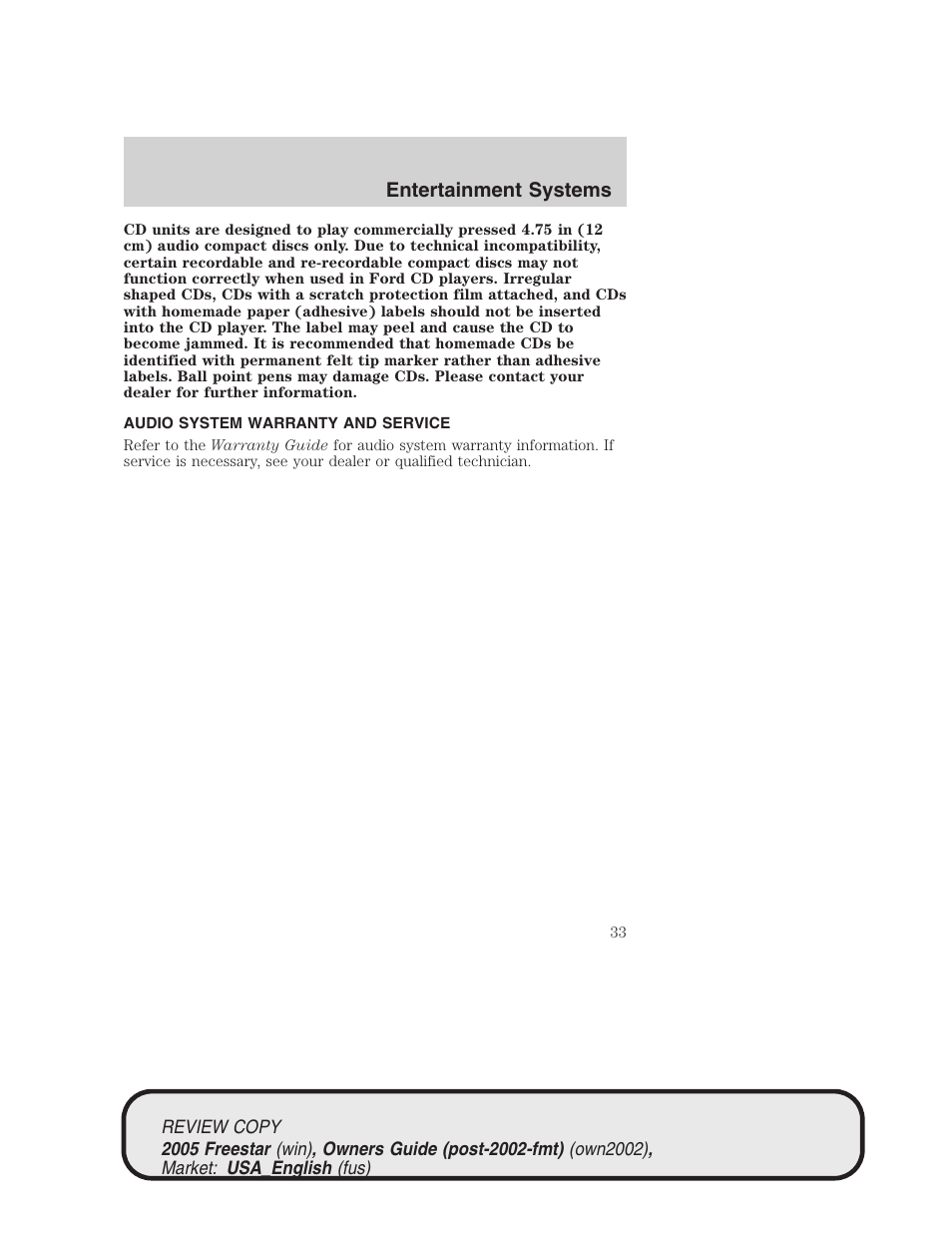 Entertainment systems | FORD 2005 Freestar v.1 User Manual | Page 33 / 312