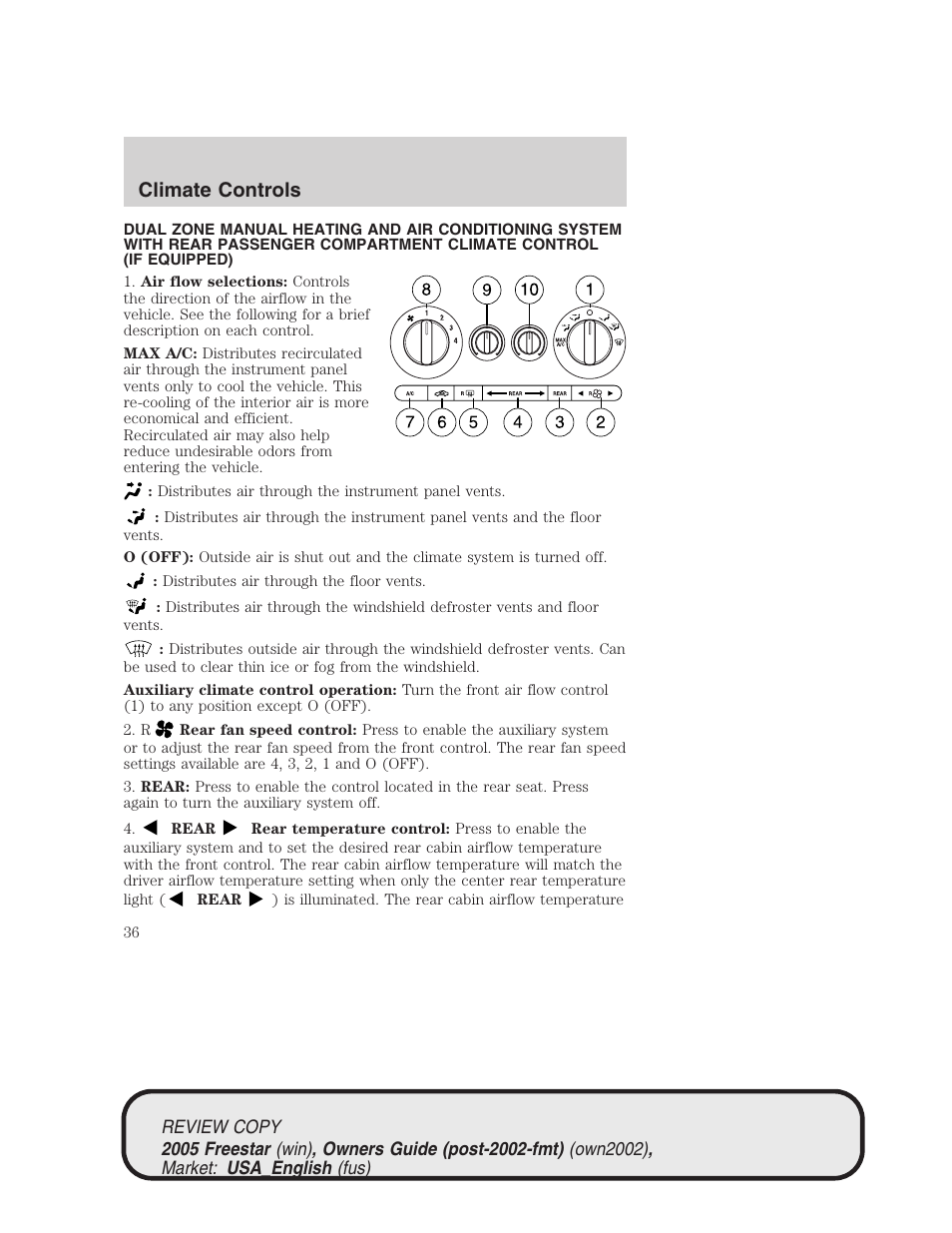 Climate controls | FORD 2005 Freestar v.1 User Manual | Page 36 / 312