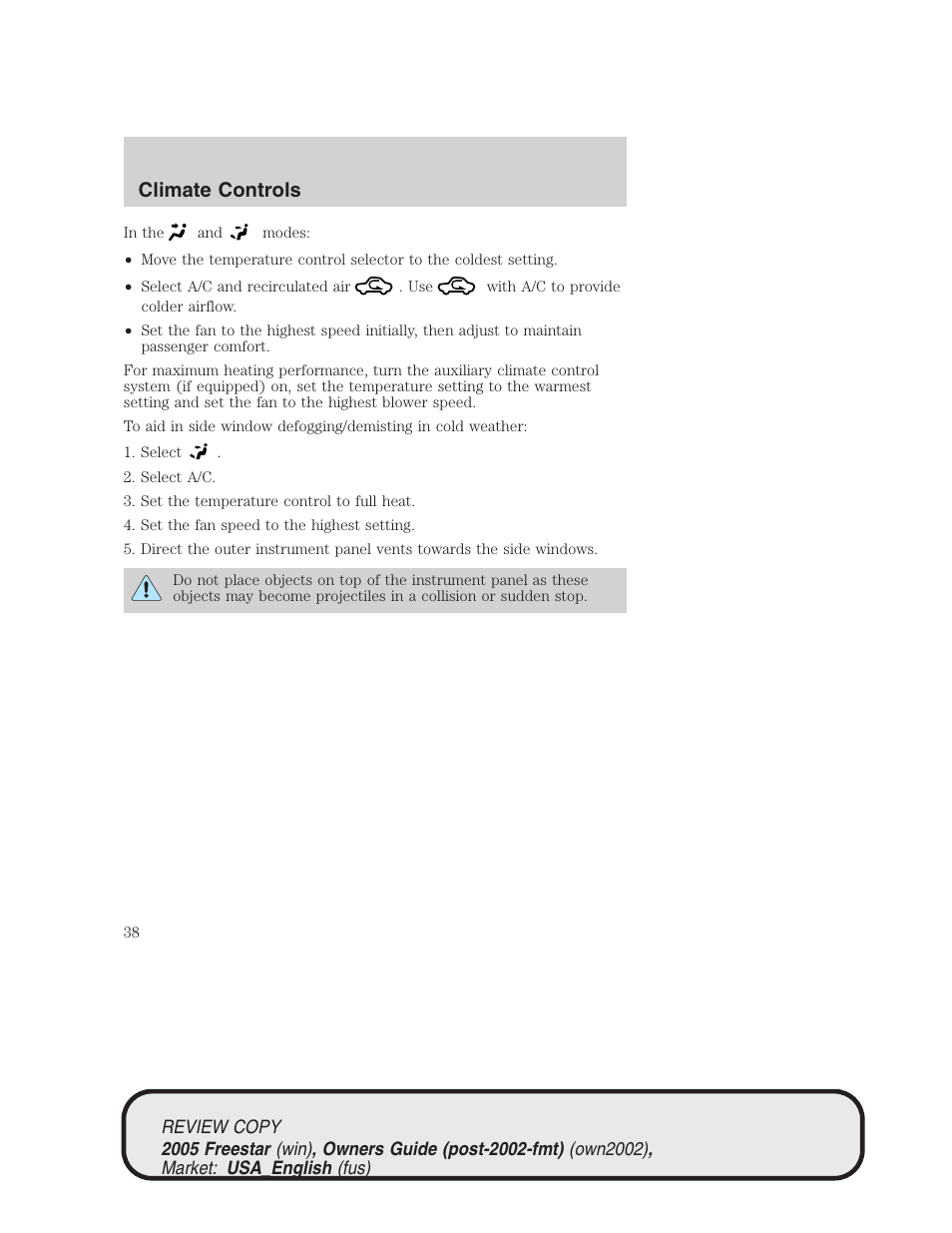 Climate controls | FORD 2005 Freestar v.1 User Manual | Page 38 / 312
