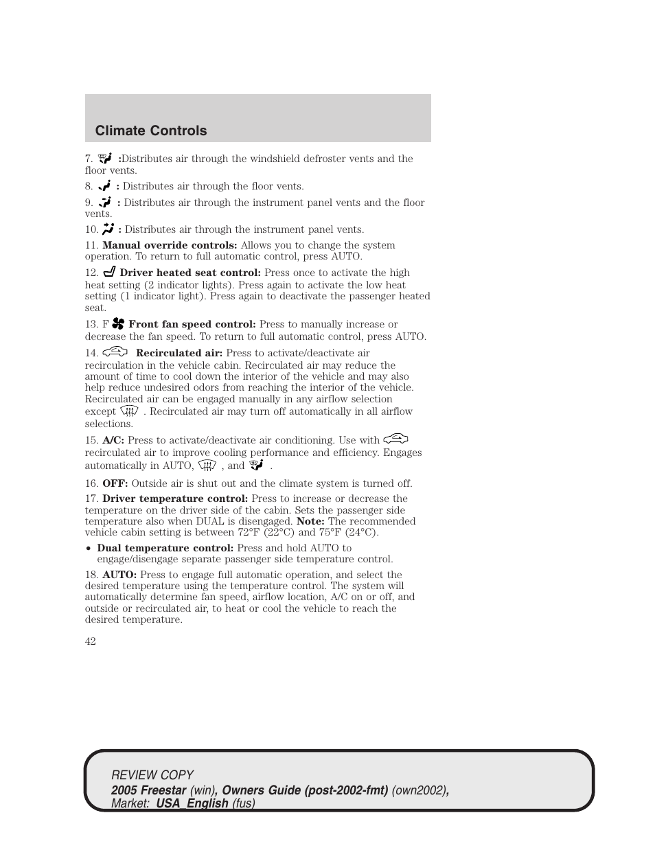 Climate controls | FORD 2005 Freestar v.1 User Manual | Page 42 / 312