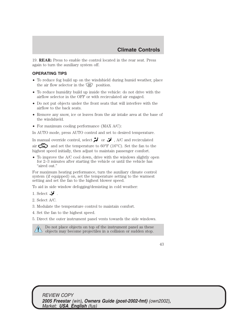 Climate controls | FORD 2005 Freestar v.1 User Manual | Page 43 / 312