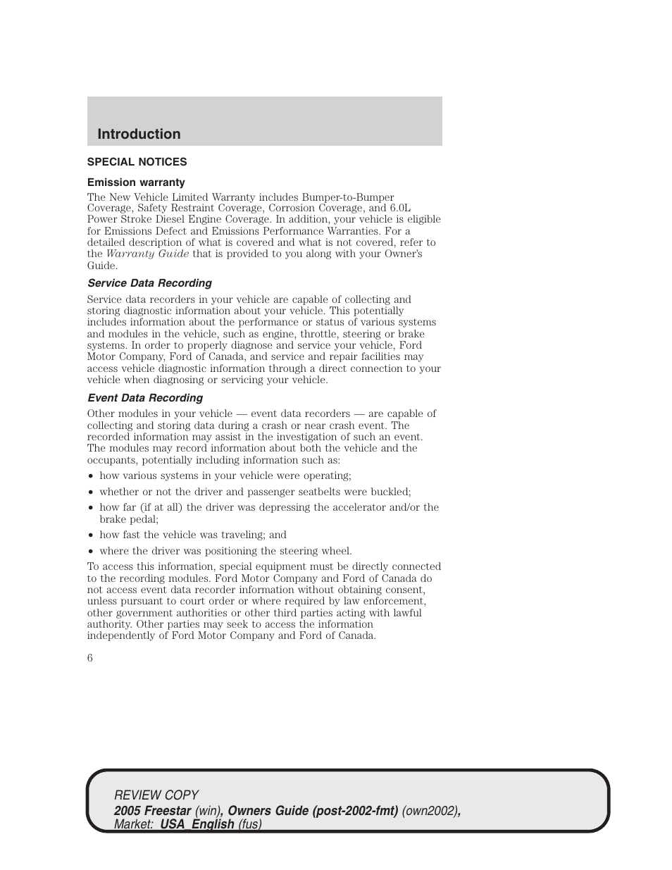 Introduction | FORD 2005 Freestar v.1 User Manual | Page 6 / 312