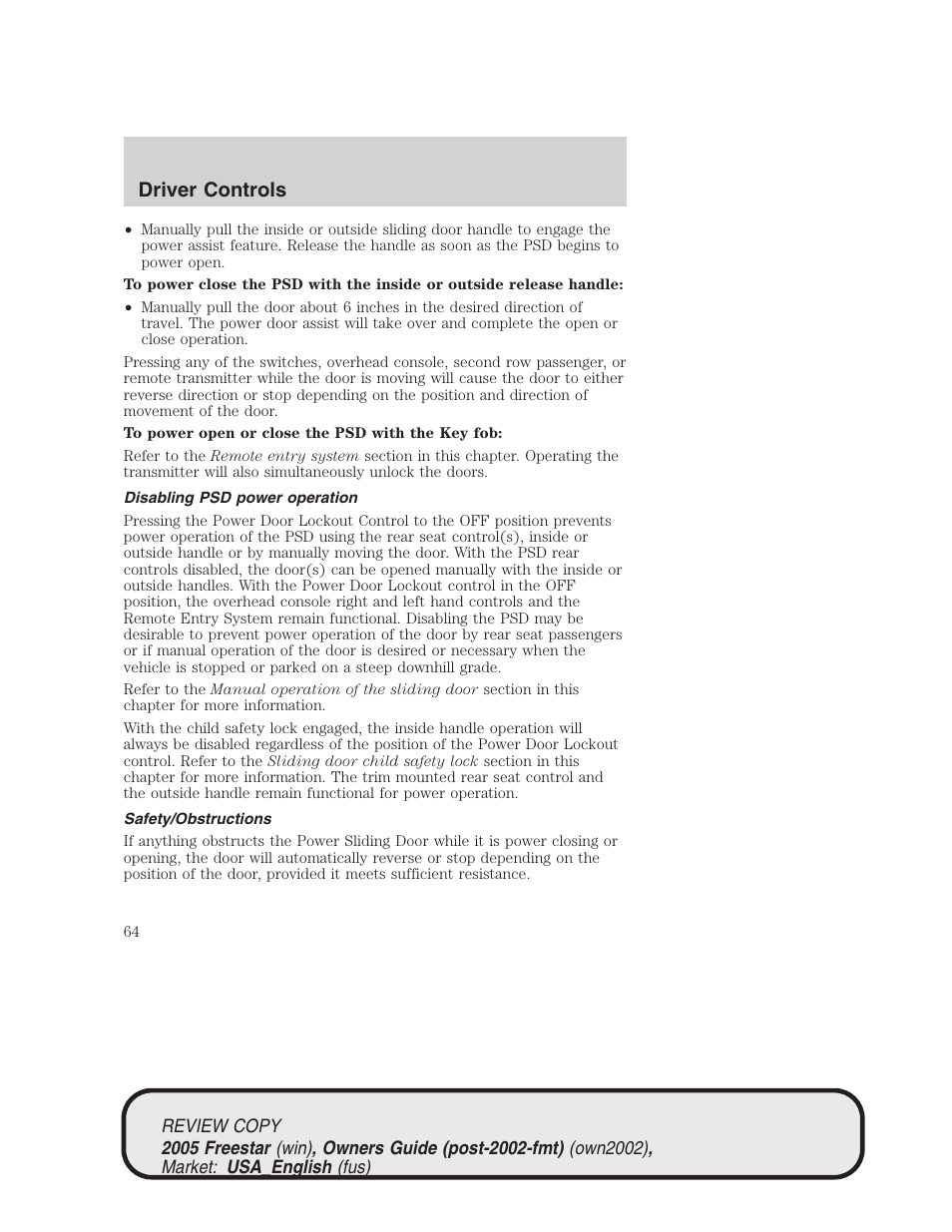 Driver controls | FORD 2005 Freestar v.1 User Manual | Page 64 / 312