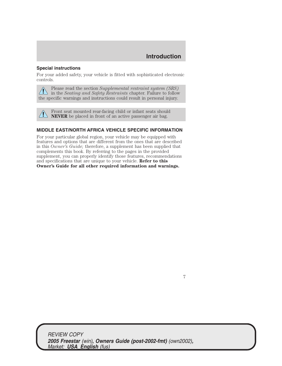 Introduction | FORD 2005 Freestar v.1 User Manual | Page 7 / 312