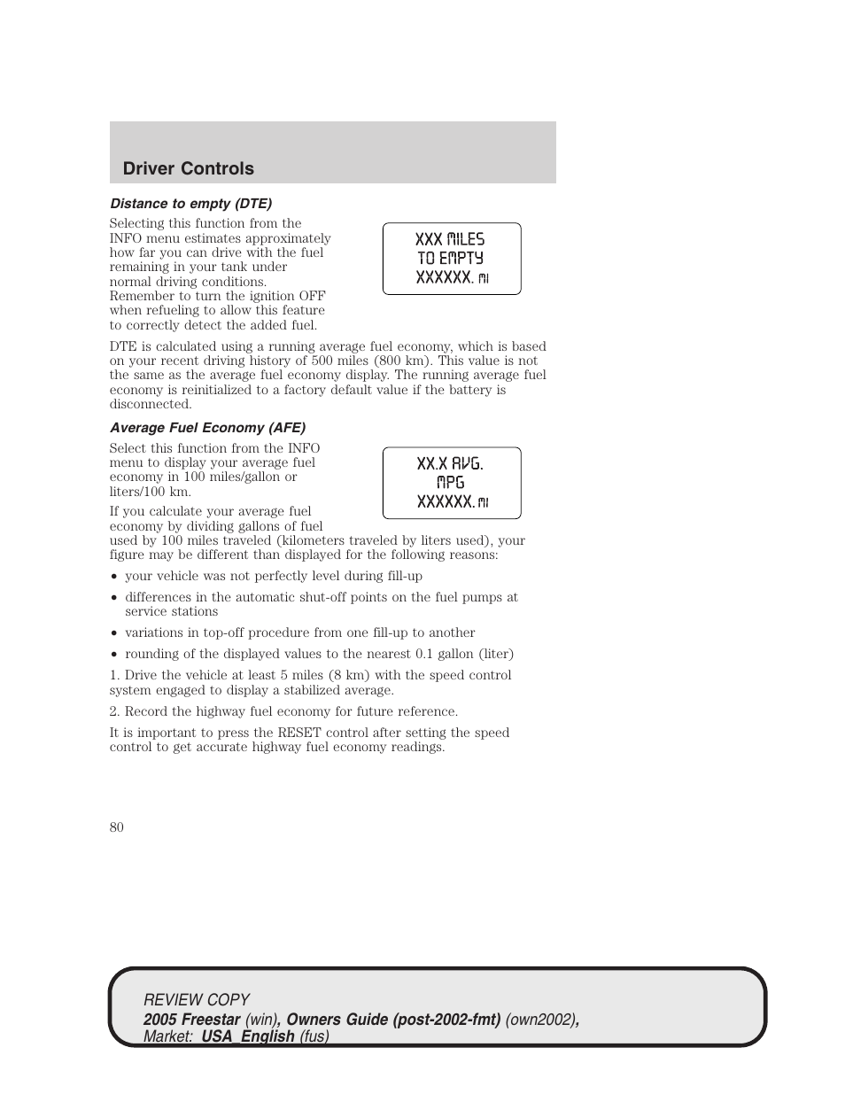 Driver controls | FORD 2005 Freestar v.1 User Manual | Page 80 / 312