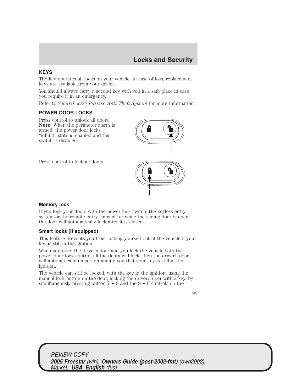 Locks and security | FORD 2005 Freestar v.1 User Manual | Page 95 / 312