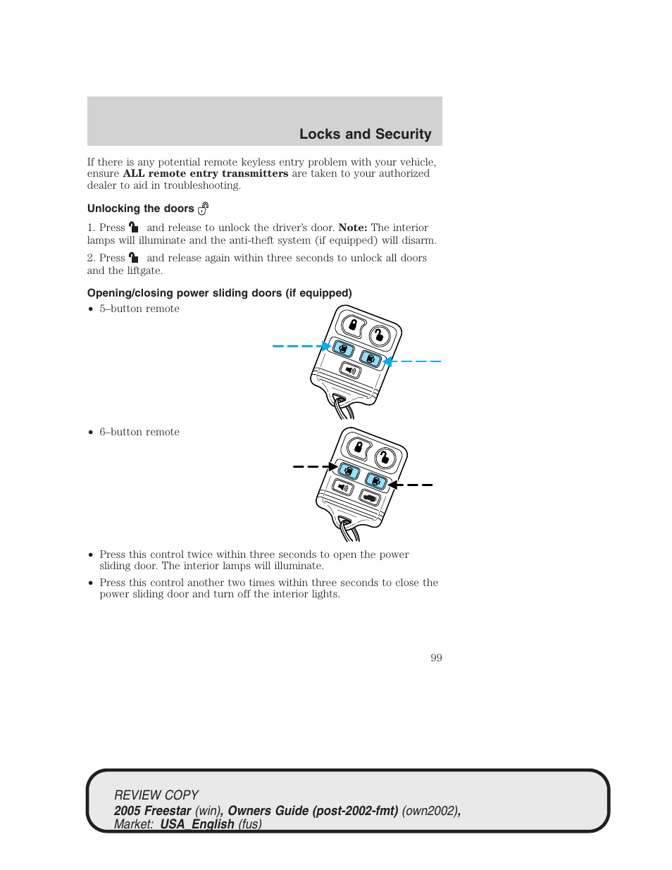 Locks and security | FORD 2005 Freestar v.1 User Manual | Page 99 / 312