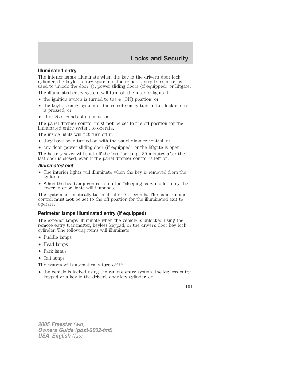 Illuminated entry, Illuminated exit, Perimeter lamps illuminated entry (if equipped) | Locks and security | FORD 2005 Freestar v.2 User Manual | Page 101 / 312