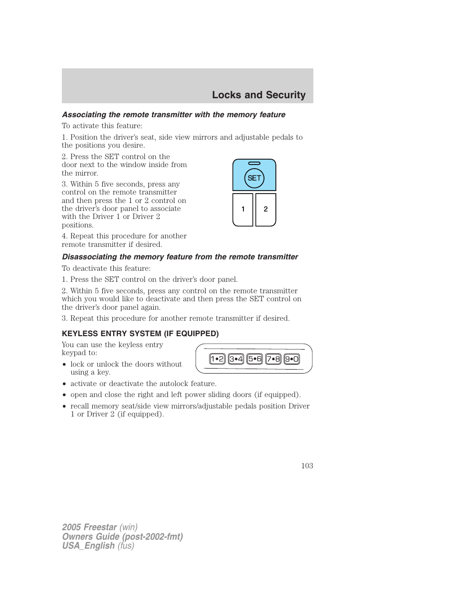 Keyless entry system (if equipped), Locks and security | FORD 2005 Freestar v.2 User Manual | Page 103 / 312