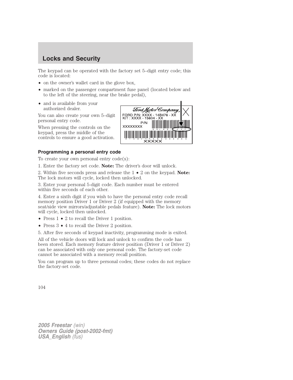 Programming a personal entry code, Locks and security | FORD 2005 Freestar v.2 User Manual | Page 104 / 312