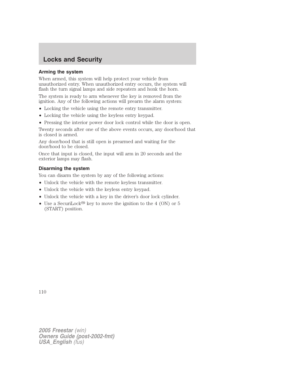 Arming the system, Disarming the system, Locks and security | FORD 2005 Freestar v.2 User Manual | Page 110 / 312