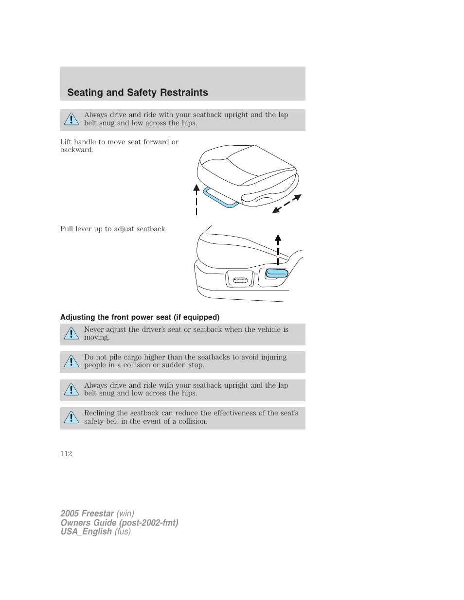 Adjusting the front power seat (if equipped), Seating and safety restraints | FORD 2005 Freestar v.2 User Manual | Page 112 / 312