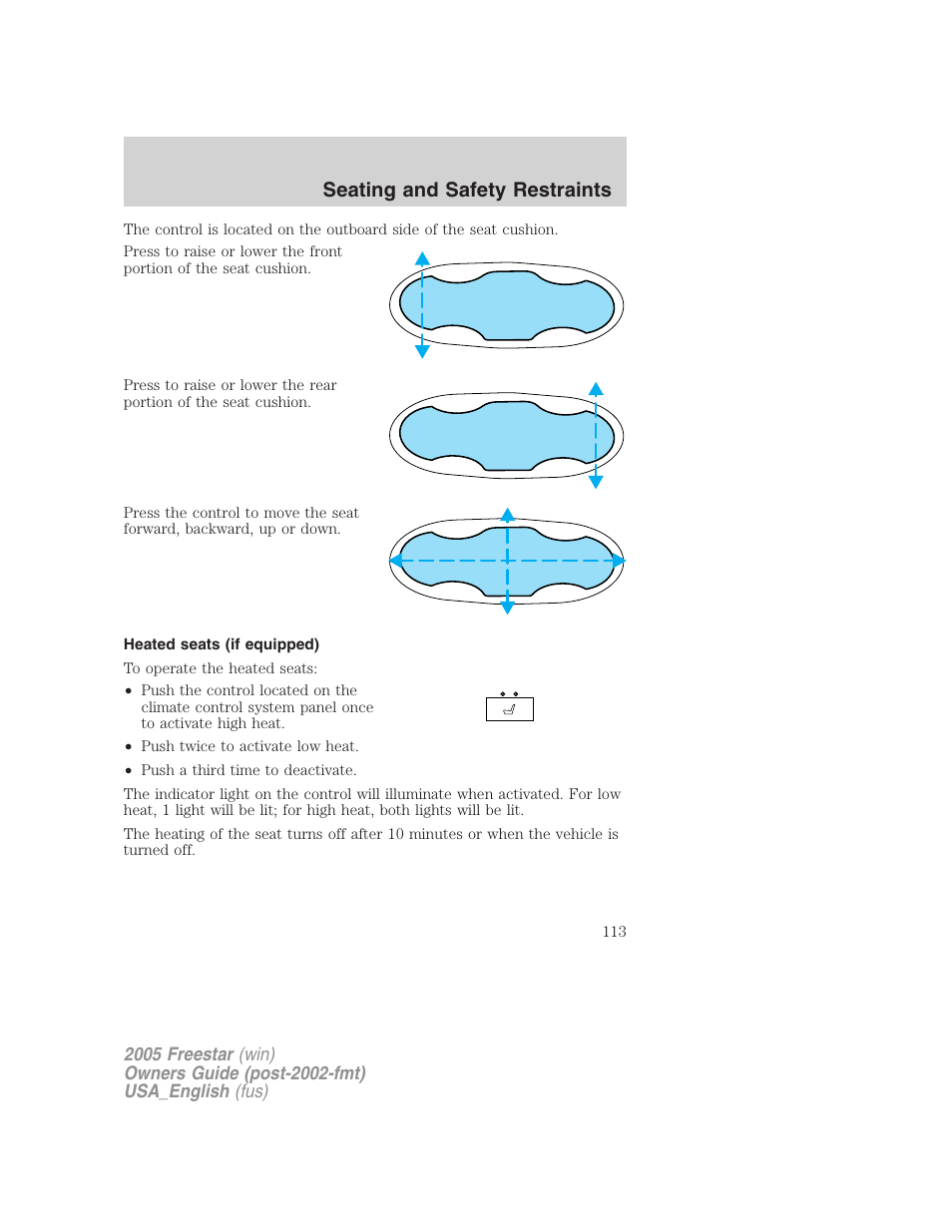Heated seats (if equipped), Seating and safety restraints | FORD 2005 Freestar v.2 User Manual | Page 113 / 312